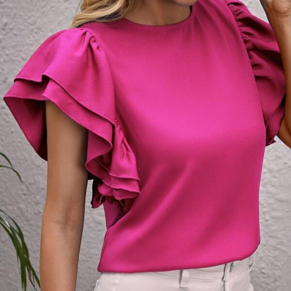 PINK Butterfly Ruffle Sleeve Blouse Minimalist Neu - Picture 1 of 5